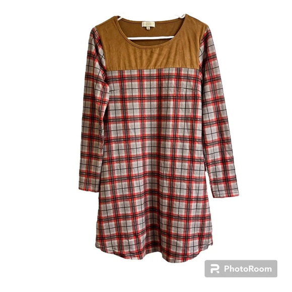 Simply Southern Dresses & Skirts - Simply Southern Women’s Sm Red Plaid Flannel Dress Faux Suede With Elbow Patches